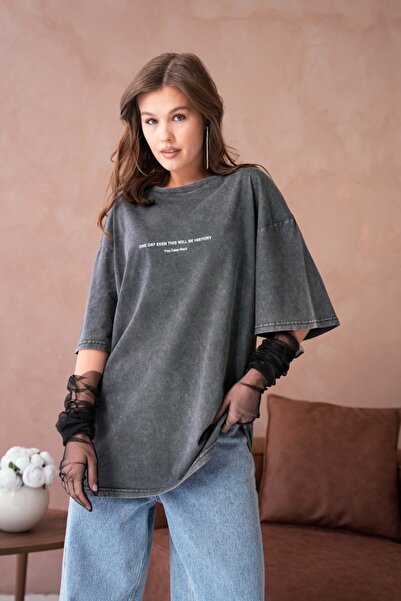 Arbucky Kadın Bisiklet Yaka Baskılı Oversize Yıkamalı Tshirt