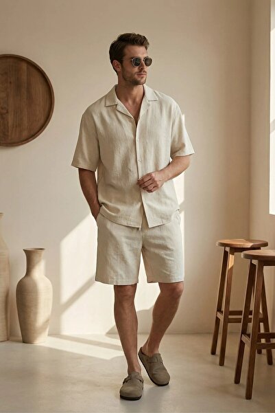 MADZEYMODA Ανδρικό κοντομάνικο πουκάμισο & σορτς, μπεζ λινό σετ LS-6721