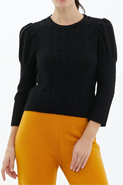 Sementa Γυναικείο πλεκτό πουλόβερ με μανίκια μπαλόνι και πλεξούδες - Μαύρο