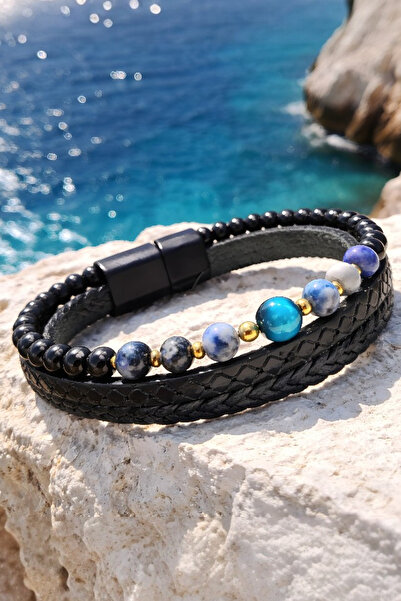 NBS Beautiful Naturel Stones Erkek Deri Bileklik Mavi Kaplan Gözü, Sodalit Ta...