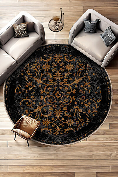 BigArts Home Siyah Altın Sarısı Eskitme Salon Mutfak Kilim Yolluk Ve Yuvarlak...