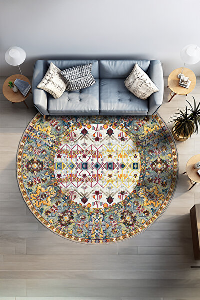 BigArts Home Etnik Desenli Kaymaz Taban Şönil Salon Mutfak Kilim Yuvarlak Yol...