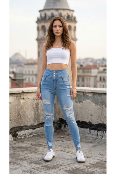 Modayakamoz Yeni Sezon Kadın Yüksek Belli Önden Düğmeli Yırtık Detaylı Kot Pa...
