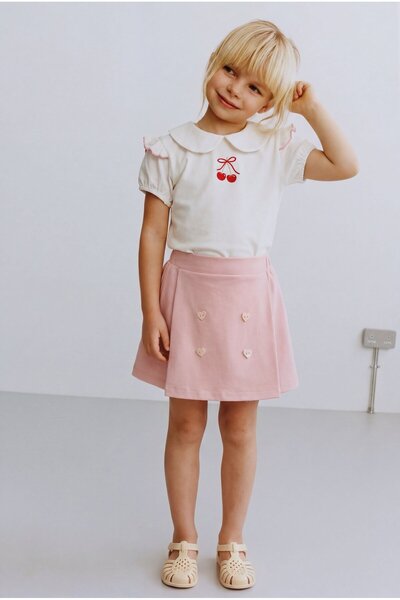 Magu Girl's Cotton Pink Cherry Embroidered Blouse Skirt Set