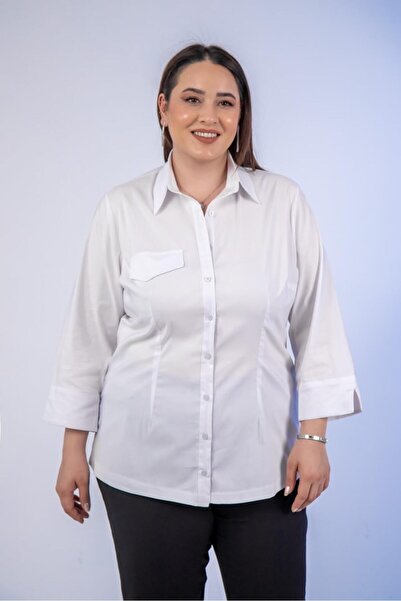 Roxxlen Γυναικείο πουκάμισο μεγάλου μεγέθους με τρία τέταρτα μανίκια, λευκό