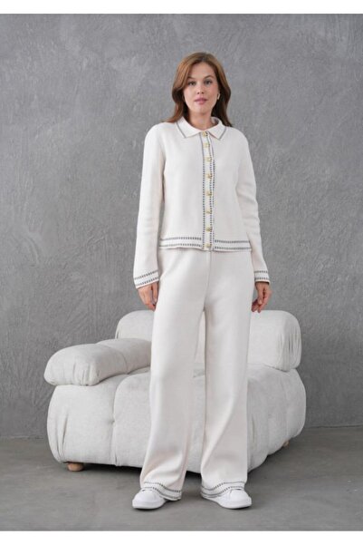 fuşyha butik Long Sleeve Polo Collar Button Detailed Knitwear Top and Bottom Set