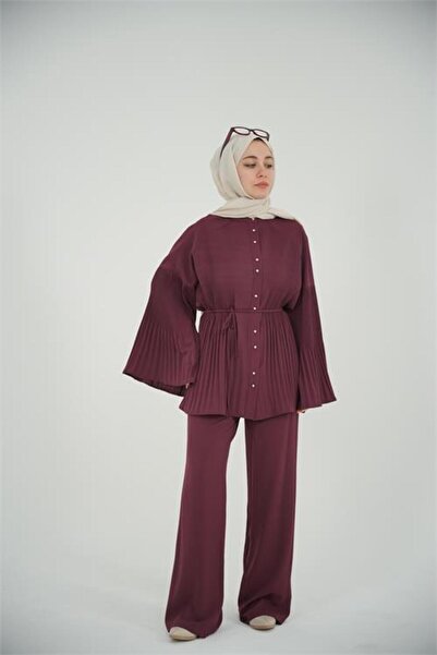 Neşeli Butik Women's Burgundy Pleated Button Detailed Double Loose-Fitting Hi...