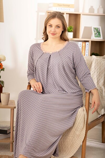 Lilac Star Patterned Ring Viscose Three Quarter Sleeve Plus Size Dress