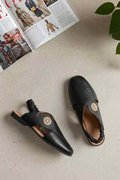 Ayakkabı Fuarı Elit MY-604 Γυναικεία ίσια σανδάλια από γνήσιο δέρμα μαύρα