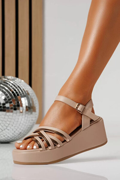 Zaira Γυναικεία μπεζ σανδάλια πλατφόρμας από οικολογικό δέρμα Anora # 24745 - 40