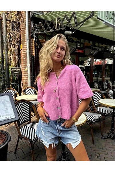 banessa Women's Knitwear Basic Short Sleeve Cardigan