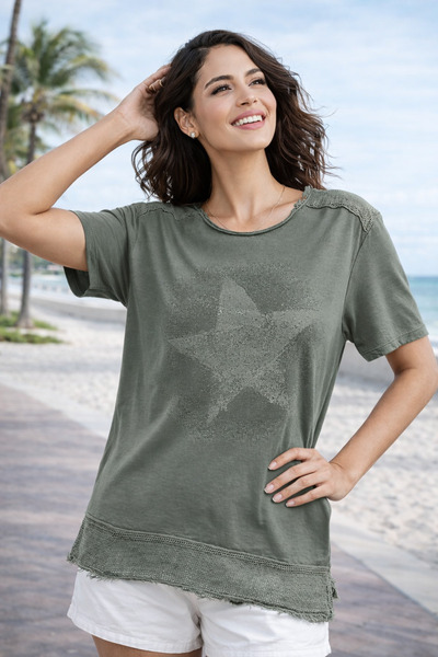 citystyle Women's Khaki Round Neck Casual Star Printed Shoulder Mesh Washable...