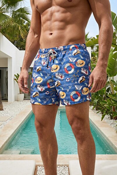 MADZEYMODA Σορτς κολύμβησης με σχέδια, ελαστικά κορδόνια, ανδρικό μπλε σορτς ...