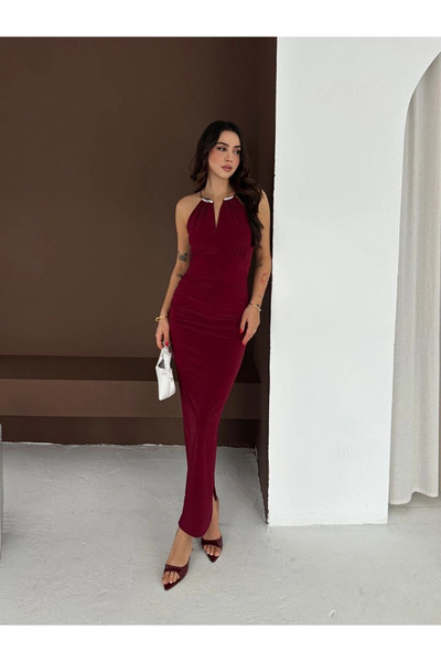YZStyle Kadın Uzun Abiye Elbise Yırtmaçlı Sırt Dekolteli Şık Gece Elbisesi