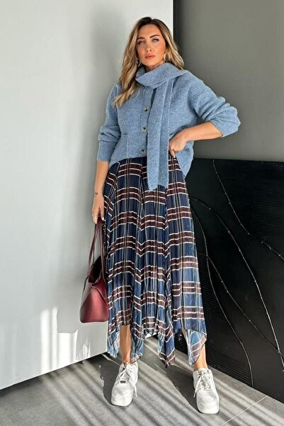 Lijuri Καρό σιφόν ασύμμετρη μίντι φούστα με ελαστική μέση και φόδρα, καθημερι...