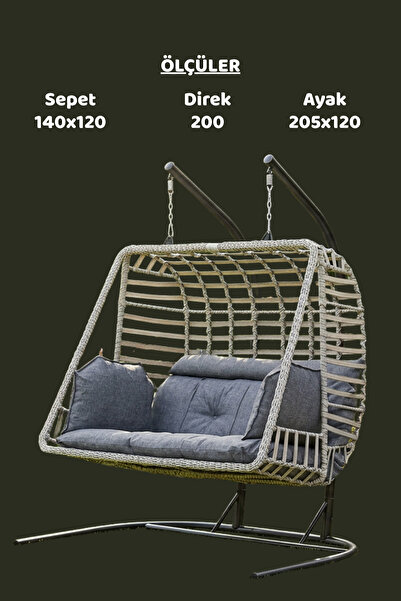 KalyonHome Gardeniza Salina Çift Kişilik Bahçe Salıncağı Ayaklı Rattan Balkon Teras Gri