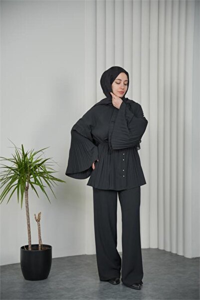 Neşeli Butik Women's Black Pleated Button Detailed Double Loose-Fitting Hijab...