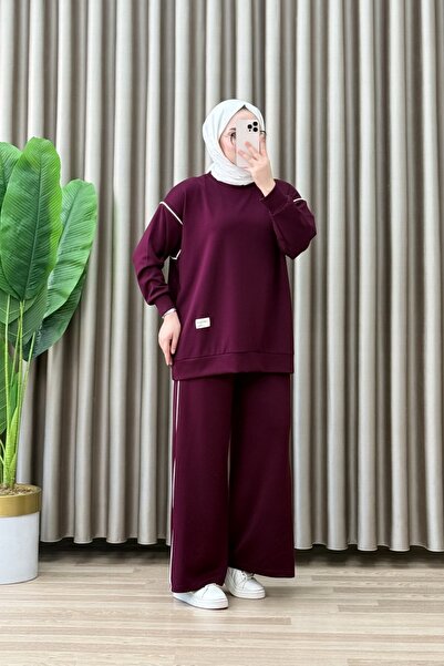ALYA ROZA TAKIM Kristal Kumaş Bordo Kadın Oversize Kesim Pantolonlu Tesettür ...