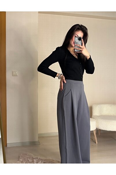 Ön Pile Detaylı Wide Leg (Geniş Paça) Kumaş Pantolon