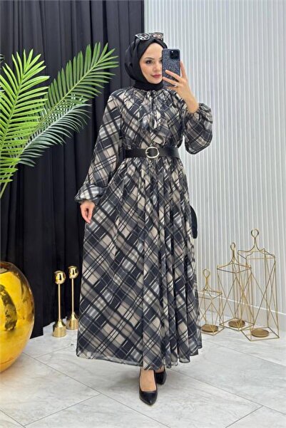 Neşeli Butik Γυναικείο μαύρο καρό φόρεμα με κορδόνια και λεπτομέρειες από ύφα...