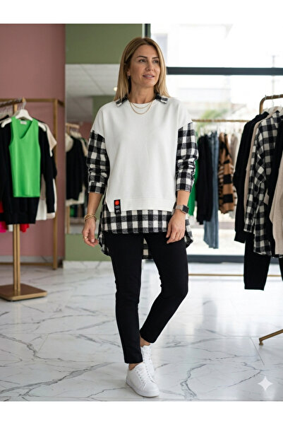 diğer588 Kadın Ekose Detaylı Sweatshirt Tunik - Gömlek Görünümlü İki İplik Ov...