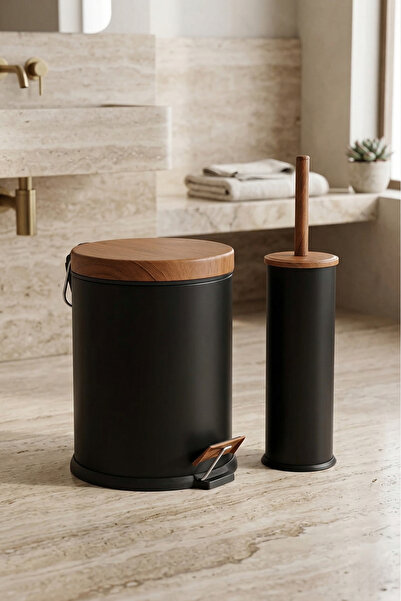 GörSeç Σετ μπάνιου 5 λίτρων με ξύλινη λεπτομέρεια, μαύρο, 2 τεμαχίων, με πεντ...