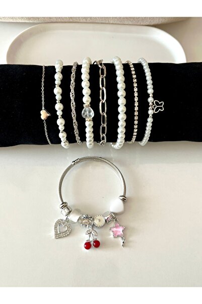 H&T acsessories 9-Piece Silver Women's Charm Bracelet Set (Special Jewelry Bo...
