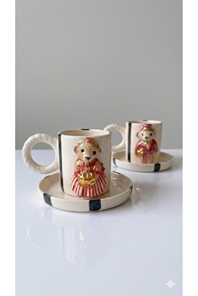 Ahşap Evi El Yapımı 24K Altın Kaplama 2’li Kız-Erkek Teddy Türk Kahvesi Fincanı