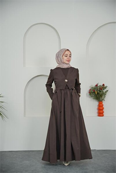 Neşeli Butik Γυναικείο καφέ χρυσό φόρεμα χιτζάμπ με λεπτομέρειες και στρώσεις...