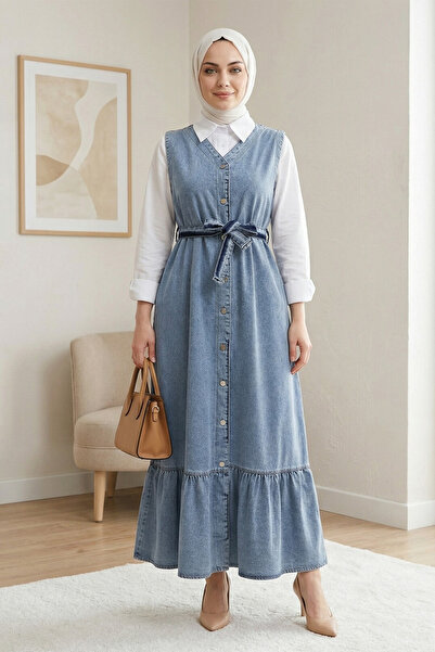 FERHEL Γυναικείο τζιν φόρεμα με δέσιμο στη μέση, κουμπιά και λεπτομέρεια τσέπ...