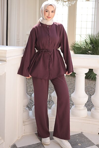 İmajButik Σετ παντελόνι τουνίκ με φαρδιά μανίκια και δέσιμο στη μέση σε χρώμα...