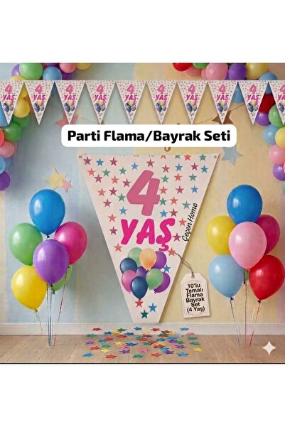 ÇEÇEN HOME Σετ 10 τεμαχίων Ροζ Τρίγωνο Σημαία Γενεθλίων 4ων Ετών με Σχέδιο Ασ...