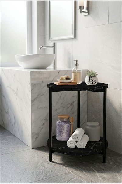 ED Efelez Design Bathroom Table, Decorative 2-Tier Shelf, Daisy Organizer, Black Metal - Black Marble Top