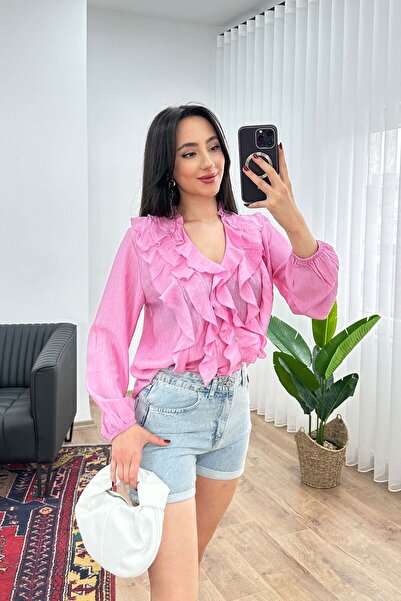 Hipo Trend Μακρυμάνικη ροζ μπλούζα με λεπτομέρεια βολάν