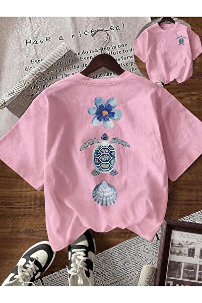 MOONBULL Women's Floral Turtle Seashell Back Printed Oversize T-Shirt