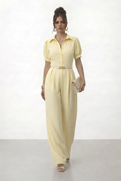 VAGGON Düğmeli Kısa Kol Kemerli Geniş Paça Tulum