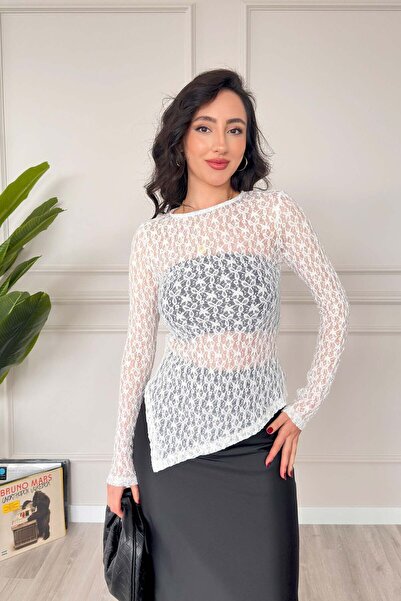 Hipo Trend Ασύμμετρη κοπή, διαφανής δαντελένια λευκή μπλούζα