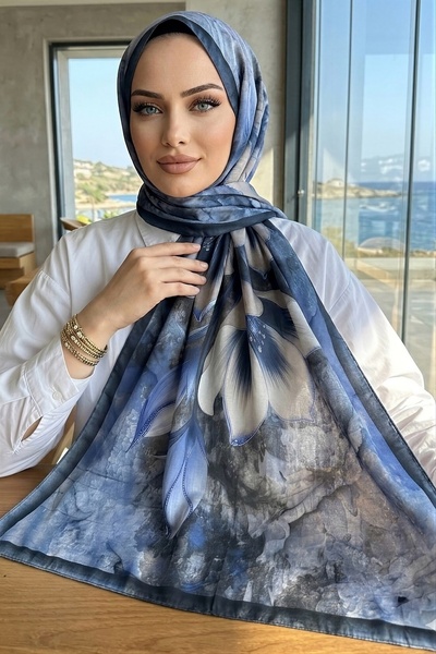 İmajButik Navy Blue Patterned Soft Shawl