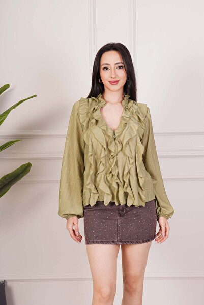 Hipo Trend Μακρυμάνικη μπλούζα χακί με λεπτομέρεια βολάν