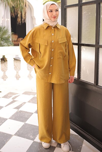 İmajButik Σετ Tencel με παντελόνι τουνίκ σε χρώμα μουστάρδας και τσέπες