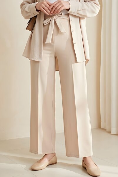 İmajButik Μπεζ παντελόνι με ελαστική μέση και τσέπες, φαρδιά μπατζάκια