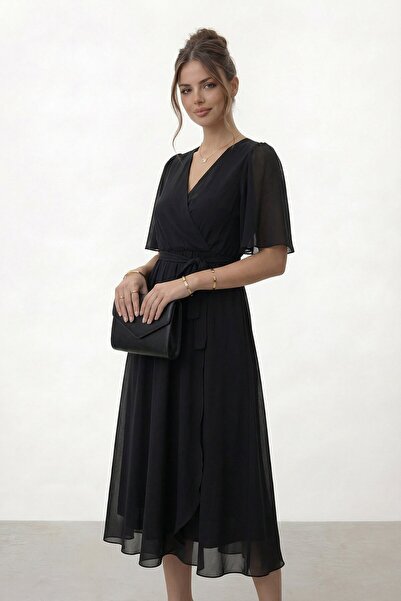 VAGGON Rochie midi cu guler dublu și talie ajustată