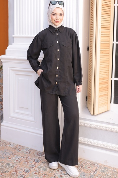 İmajButik Μαύρο πουκάμισο με κουμπιά και παντελόνι, σετ τζιν Tencel