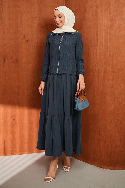 İmajButik Σετ μπλε ναυτικό με φερμουάρ, μπουφάν και φούστα με στρώσεις