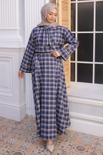 İmajButik Σετ πουκάμισο και φούστα σε ναυτικό μπλε καρό σχέδιο με λεπτομέρεια...