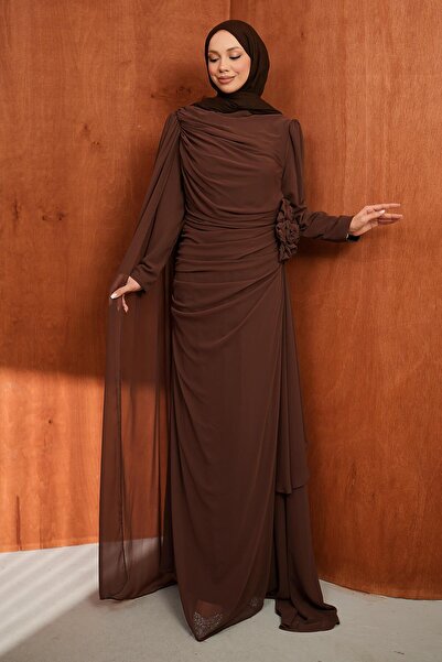 İmajButik Καφέ βραδινό φόρεμα μεγάλου μεγέθους με ντραπέ μπροστά