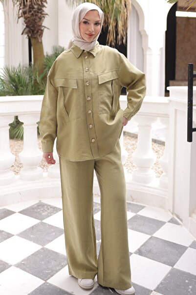 İmajButik Σετ Tencel με παντελόνι και πράσινη τουνίκ ζακέτα με τσέπες