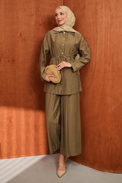 İmajButik Χακί Σετ Παντελόνι με Κορδόνι στη Μέση και Τουνίκ