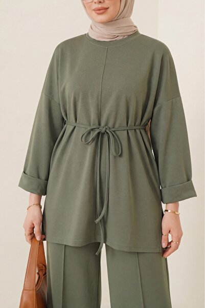 Modamorfo Slit-Waist, Lace-Up, Fold-Over Sleeve Pantsuit -Khaki