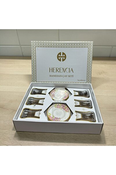 Herencia 12 Parça Lüks Çay Seti 6 Kişilik Altın Yaldızlı Tabaklı Şeffaf Çay B...